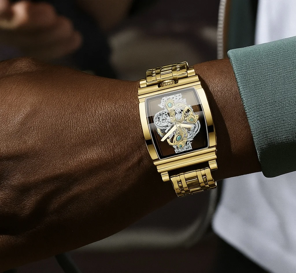 Montre carrée squelette dorée – Élégance & solidité – Image 5