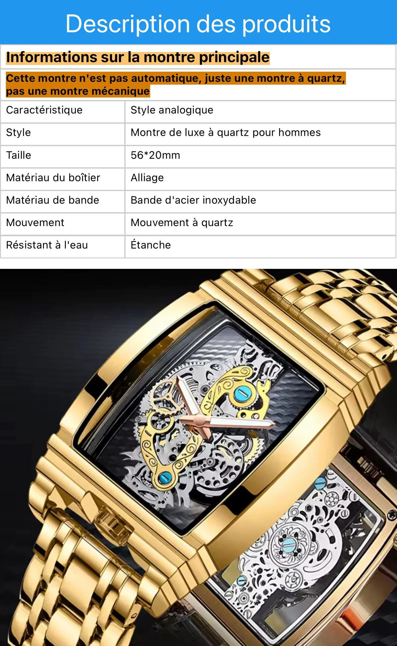 Montre carrée squelette dorée – Élégance & solidité – Image 6