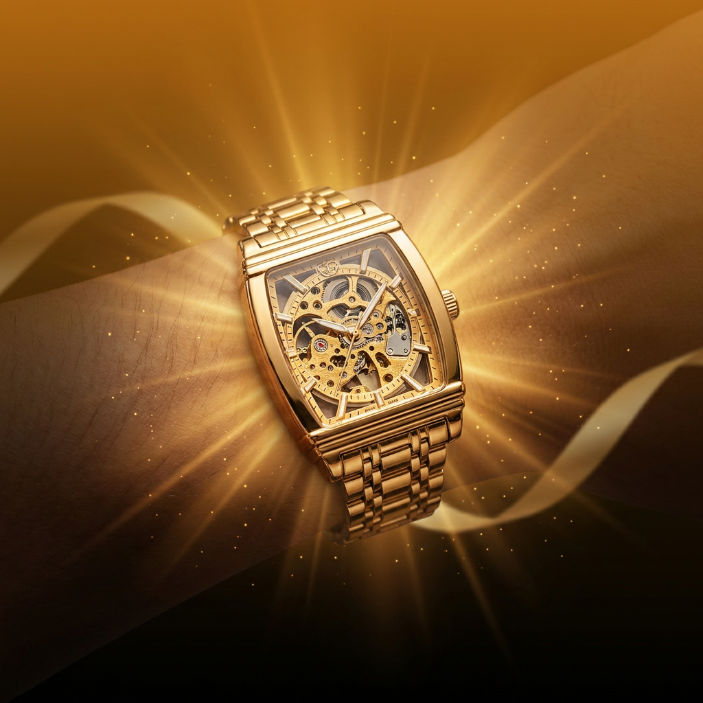 Montre carrée squelette dorée – Élégance & solidité – Image 2