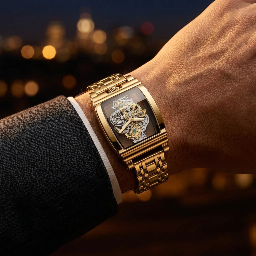 Montre carrée squelette dorée – Élégance & solidité – Image 3